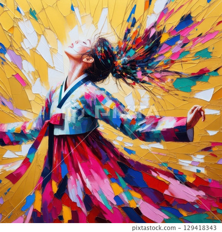 Joyful Woman in Vibrant Hanbok Jumping with Flowing Hair Against Abstract Color Explosion with Generative AI. 129418343