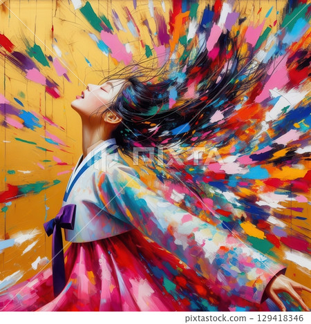 Joyful Woman in Vibrant Hanbok Jumping with Flowing Hair Against Abstract Color Explosion with Generative AI. 129418346