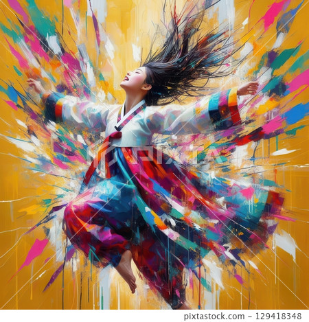 Joyful Woman in Vibrant Hanbok Jumping with Flowing Hair Against Abstract Color Explosion with Generative AI. 129418348