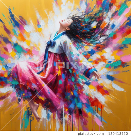 Joyful Woman in Vibrant Hanbok Jumping with Flowing Hair Against Abstract Color Explosion with Generative AI. 129418350