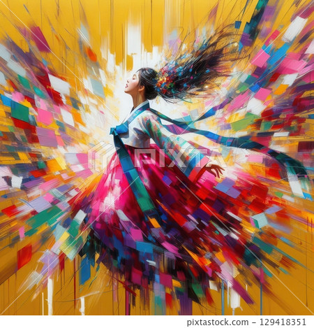 Joyful Woman in Vibrant Hanbok Jumping with Flowing Hair Against Abstract Color Explosion with Generative AI. 129418351