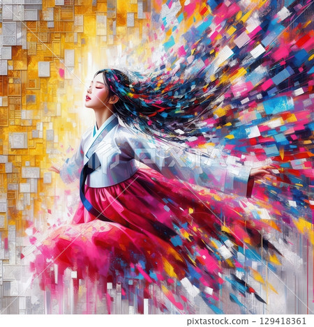 Joyful Woman in Vibrant Hanbok Jumping with Flowing Hair Against Abstract Color Explosion with Generative AI. 129418361