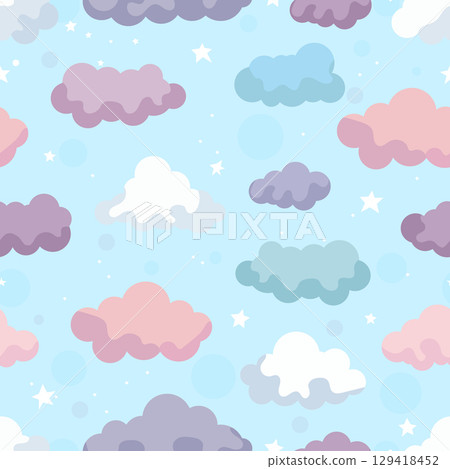 Seamless Pattern with Colorful Clouds, Stars, and Transparent Circles on Blue Sky Background Seamless Pattern with Colorful Clouds, Stars, and Transparent Circles on Blue Sky Background 129418452