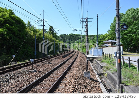 A view of the railroad tracks on a hot day 129418456