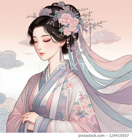 Elegant Traditional Chinese Woman in Delicate with Floral Hair Ornaments with Generative AI. 129418507