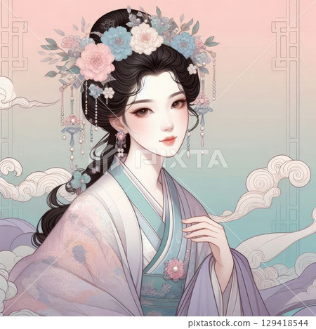 Elegant Traditional Chinese Woman in Delicate with Floral Hair Ornaments with Generative AI. 129418544