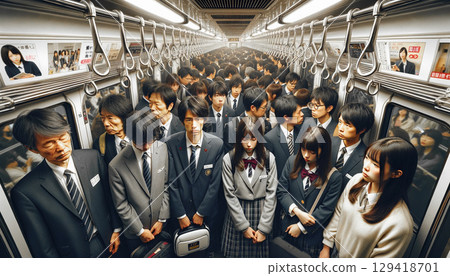 尖峰時段,日本火車上擠滿了上下學的高中生和上班族 尖峰時段,日本火車上擠滿了上下學的高中生和上班族 129418701