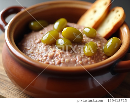 Rustic French Pork Pate with Pickled Olives and Toasted Bread 129418715