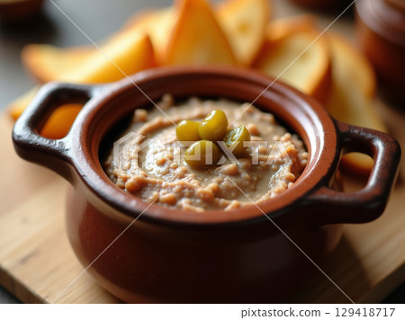 Rustic French Pork Pate with Coarse Texture and Toasted Baguette 129418717