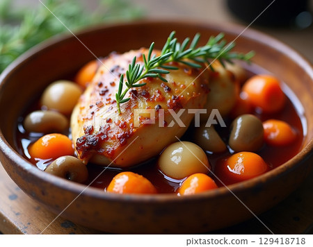 Braised Coq Au Vin with Chicken, Carrots, and Rosemary in a Rustic Bowl 129418718