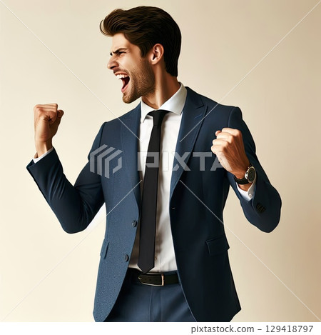 Confident Businessman Celebrating Success with a Winning Smile with Generative AI. 129418797