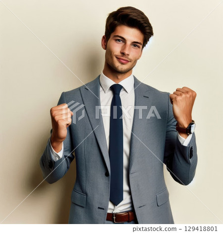 Confident Businessman Celebrating Success with a Winning Smile with Generative AI. 129418801