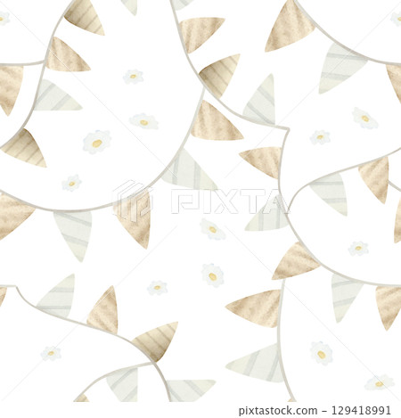 Beige flags garland with tiny white chamomile flowers watercolor seamless pattern. Simple retro repeat background in pastel colors and vintage style for kids birthday and children apparel Beige flags garland with tiny white chamomile flowers watercolor seamless pattern. Simple retro repeat background in pastel colors and vintage style for kids birthday and children apparel 129418991