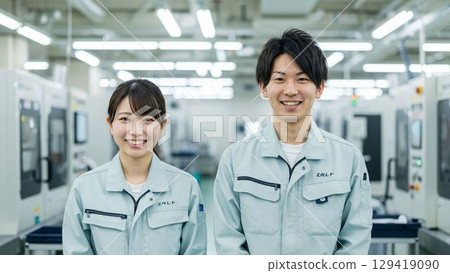 製造業的年輕男女在工廠工作 製造業的年輕男女在工廠工作 129419090