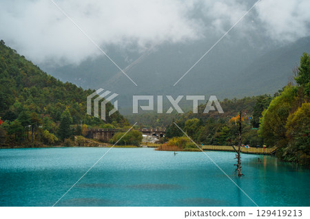 Misty Mountains over Turquoise Lake, Blue Moon Valley, Lijiang Misty Mountains over Turquoise Lake, Blue Moon Valley, Lijiang 129419213