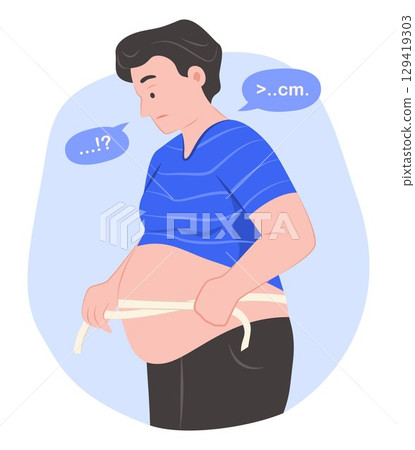 Chubby Man Worried while Measuring His Waist with a Measuring Tape for Healthcare Concept Illustration Clip Art 129419303