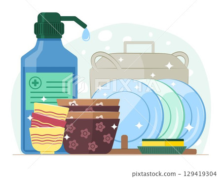 Dishwashing Liquid Bottle with Dishes, Bowls, Crockery and Stainless Steel Cooking Pot for Kitchenware Cleaning Concept Illustration 129419304