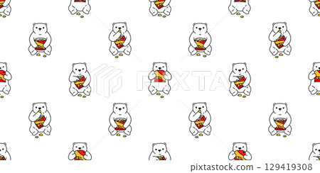 bear seamless pattern polar bear eating snack potato chips vector cartoon teddy scarf isolated tile background gift wrapping paper repeat wallpaper illustration design 129419308