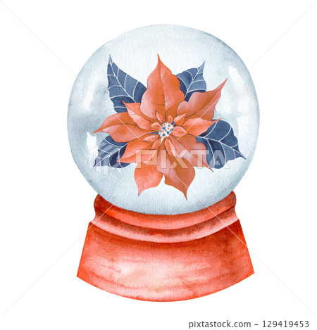 Christmas snow globe with poinsettia. Watercolor illustration of winter holidays on a white isolated background. For the design of postcards, invitations, banners, wallpapers. Christmas snow globe with poinsettia. Watercolor illustration of winter holidays on a white isolated background. For the design of postcards, invitations, banners, wallpapers. 129419453