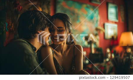 Romantic and intimate moment of a couple sharing a secret conversation in a warmly lit cozy space filled with colorful art and soft ambient light 129419507