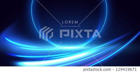 Blue dot glowing circle with lighting effect and sparkle on dark blue background. Blue dot glowing circle with lighting effect and sparkle on dark blue background. 129419671