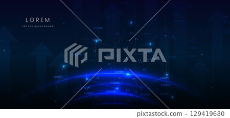Arrow up finance chart stock market growth glowing light effect on dark blue background. 129419680