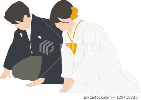 A newlywed couple sitting and bowing in white wedding kimono and crested hakama 129419720