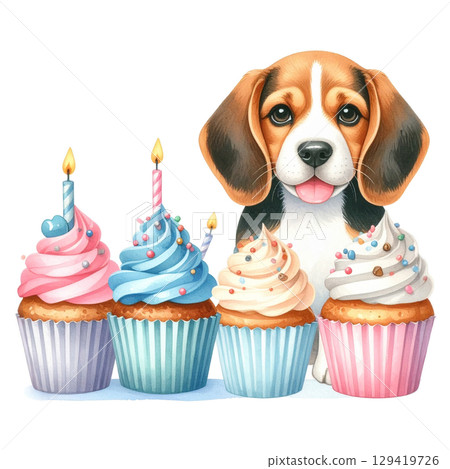 Cupcake with candle and beagle puppy 3 / Material for flyers and posters 129419726