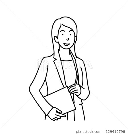 Stock Illustration: Vector line drawing of a smiling female business person holding documents 129419796
