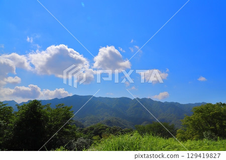 草原，樹木，藍天，白雲，山脈 129419827