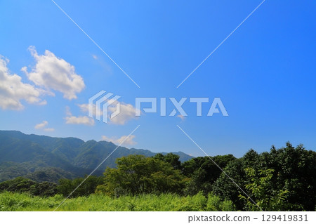 草原，樹木，藍天，白雲，山脈 129419831