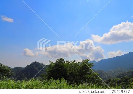 草原,樹木,藍天,白雲,山脈 草原,樹木,藍天,白雲,山脈 129419837