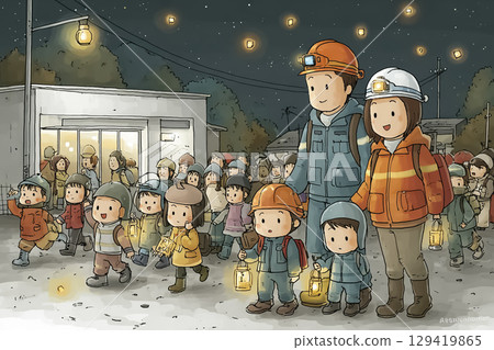 Illustration of a nighttime disaster prevention drill, children evacuating with their parents 129419865