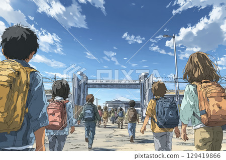 孩子們背著疏散包去上學 129419866
