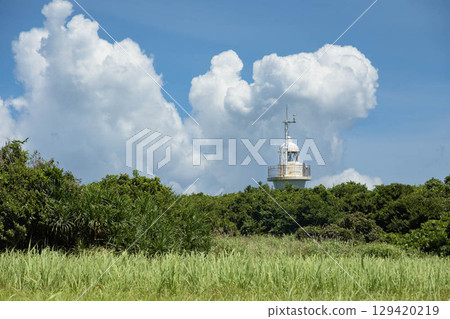 A white lighthouse that stands out against the blue summer sky A white lighthouse that stands out against the blue summer sky 129420219