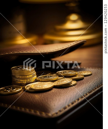 Bitcoin coins spilling from a leather wallet, a financial wealth image. 129420253