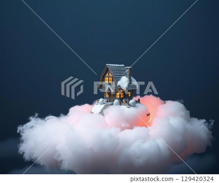 A Cozy Cottage Floating Amongst Dreamy, Winter Clouds A Cozy Cottage Floating Amongst Dreamy, Winter Clouds 129420324