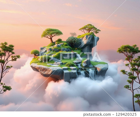 Serene Floating Island Paradise Amidst Dreamy Clouds Serene Floating Island Paradise Amidst Dreamy Clouds 129420325