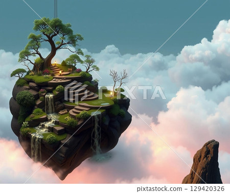 Serene Floating Island Sanctuary Amidst Dreamy Cloudscape 129420326