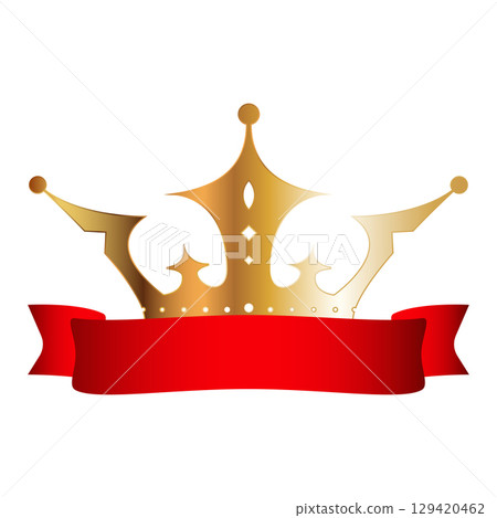Beautiful golden crown with red fluttering ribbon, royal symbol 129420462