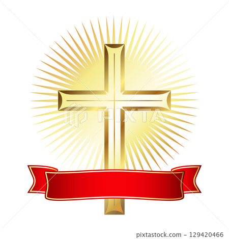 Golden Christian cross with rays of radiance and red ribbon 129420466