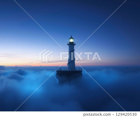 Majestic Lighthouse Amidst Ethereal, Dreamlike Misty Ocean Majestic Lighthouse Amidst Ethereal, Dreamlike Misty Ocean 129420530