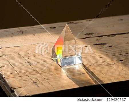 Glass prism refracting light onto rustic wooden surface 129420587
