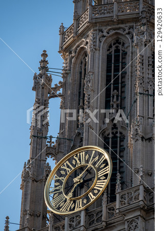 Belfry of Cathedral of Our Lady Roman Catholic church in Antwerp, Belgium, largest Gothic church in Belgium 129420633