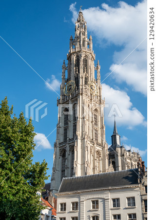 Belfry of Cathedral of Our Lady Roman Catholic church in Antwerp, Belgium, largest Gothic church in Belgium 129420634
