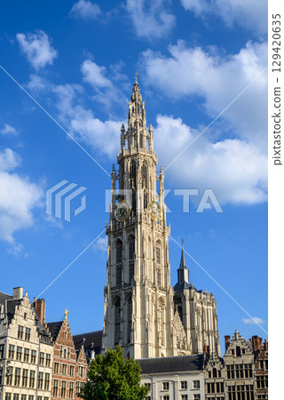 Belfry of Cathedral of Our Lady Roman Catholic church in Antwerp, Belgium, largest Gothic church in Belgium 129420635
