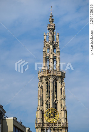 Belfry of Cathedral of Our Lady Roman Catholic church in Antwerp, Belgium, largest Gothic church in Belgium 129420636