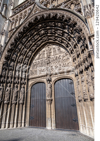 Door of the Cathedral of Our Lady Roman Catholic church in Antwerp, Belgium, largest Gothic church in Belgium 129420642