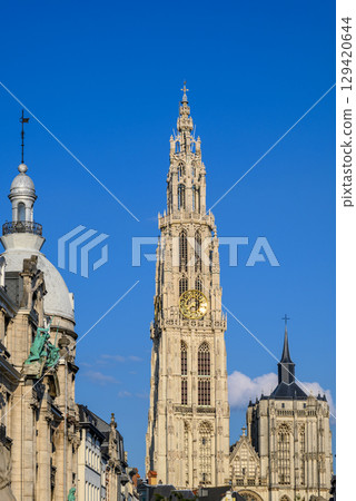 Belfry of Cathedral of Our Lady Roman Catholic church in Antwerp, Belgium, largest Gothic church in Belgium 129420644