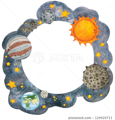 Round frame with planets, sun on a background of stars and outer space. Watercolor illustration hand drawn. Drawing for cards, photo frames, invitations, scrapbooking 129420711
